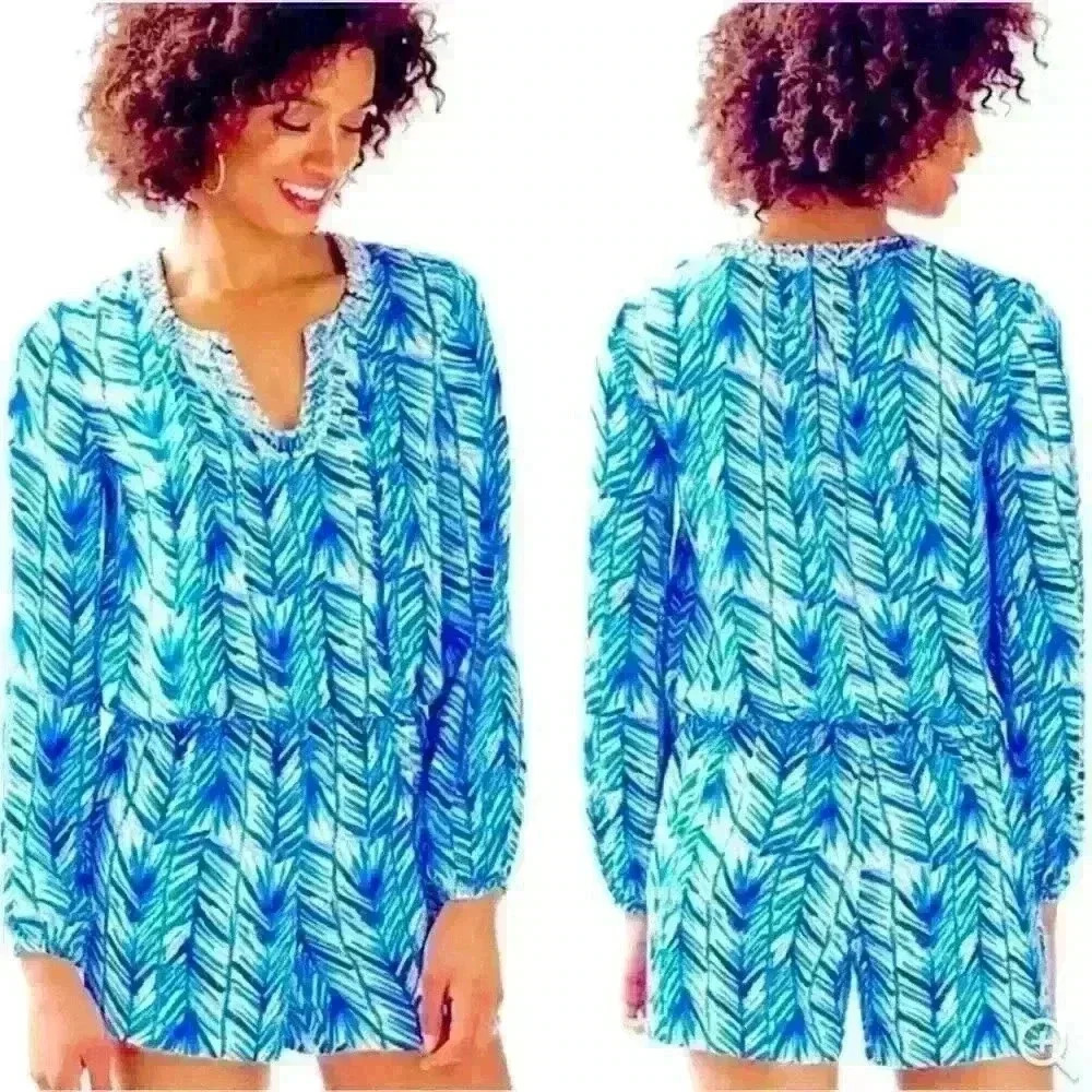 Lilly Pulitzer Sz XS Colby Romper Blue Palm Print Summer Vacation Travel Night